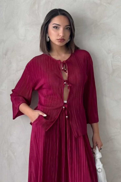 Önden Bağlamalı Plise Gömlek - Bordo
