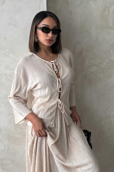 Pleated Front Tied Shirt - Stone