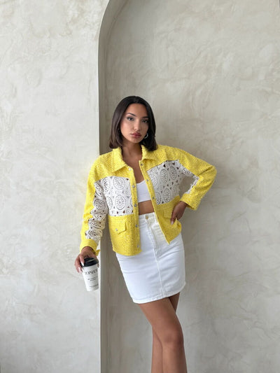 Lace Detail Denim Jacket - Yellow