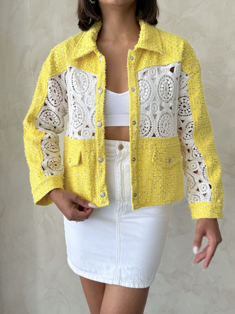 Lace Detail Denim Jacket - Yellow