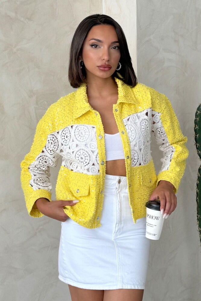Lace Detail Denim Jacket - Yellow