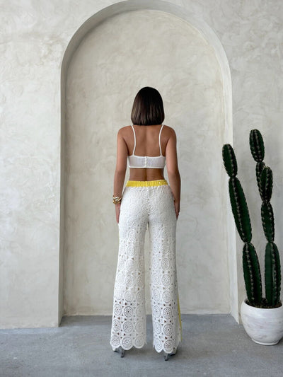 Lace Trousers with Denim Detail - Yellow