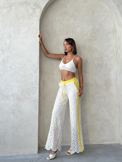 Lace Trousers with Denim Detail - Yellow