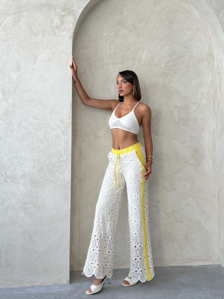 Lace Trousers with Denim Detail - Yellow