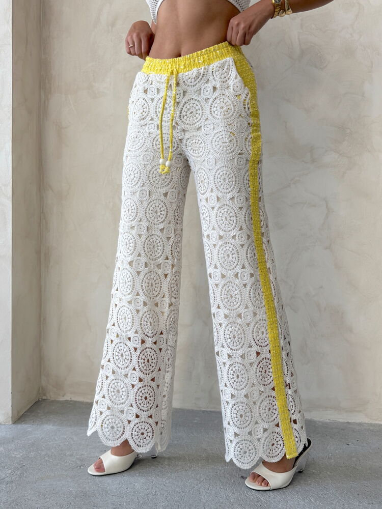 Lace Trousers with Denim Detail - Yellow