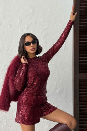 Bluză de damă cu mânecă lungă, decorată cu paiete strălucitoare, en-gros - BURGUNDY | F1866