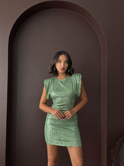 Topshow Shimmering Sequin Embellished Mini Evening Dress with Back Cutout - LIGHT KHAKI