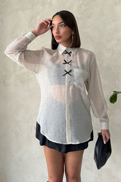 Wholesale Polka Dot Chiffon Shirt with Bow Detail - Stone