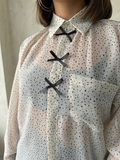 Wholesale Polka Dot Chiffon Shirt with Bow Detail - Stone