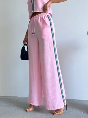 Pantaloni roz cu dungi din denim, en-gros