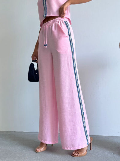 Pantaloni roz cu dungi din denim, en-gros