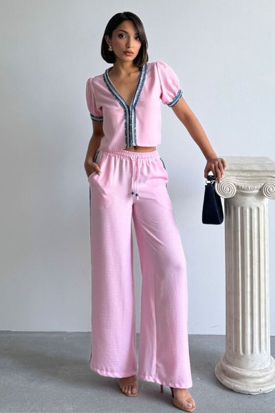 Pantaloni roz cu dungi din denim, en-gros