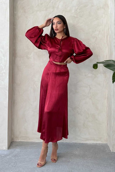 Crushed Satin Wholesale Skirt - Burgundy