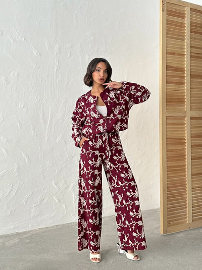 Jachetă cu fermoar și broderie florală - Vișinie