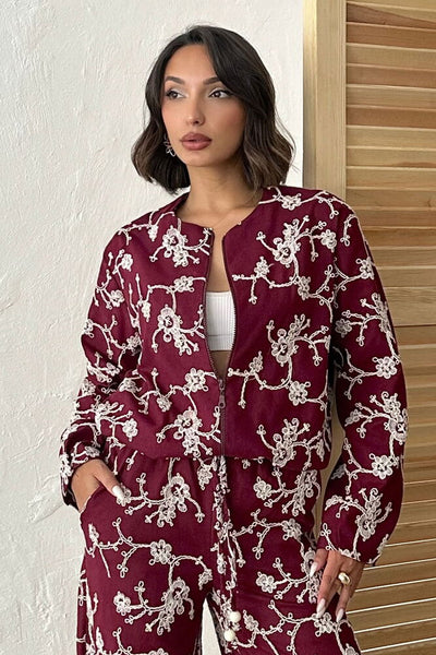 Jachetă cu fermoar și broderie florală - Vișinie