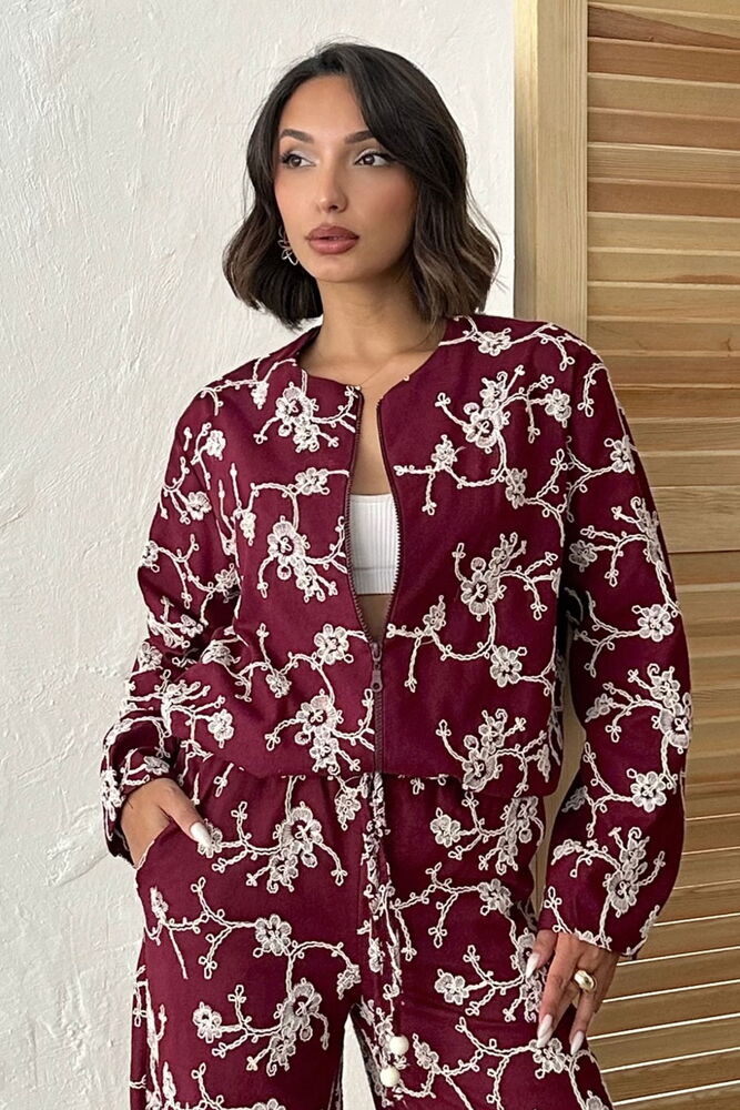 Jachetă cu fermoar și broderie florală - Vișinie