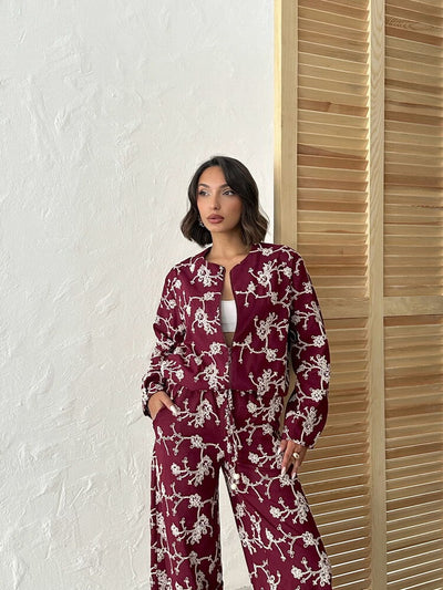 Jachetă cu fermoar și broderie florală - Vișinie