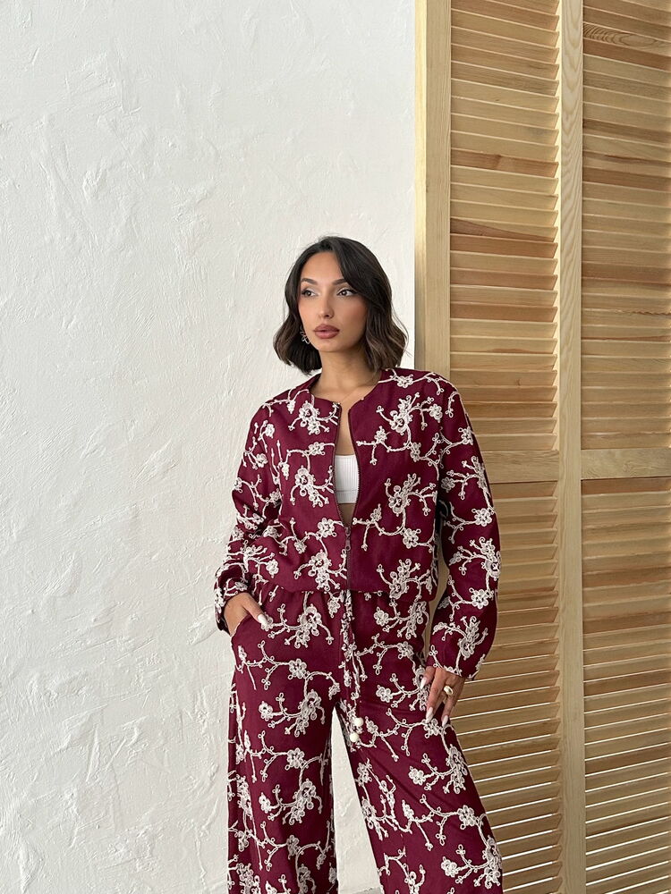 Jachetă cu fermoar și broderie florală - Vișinie