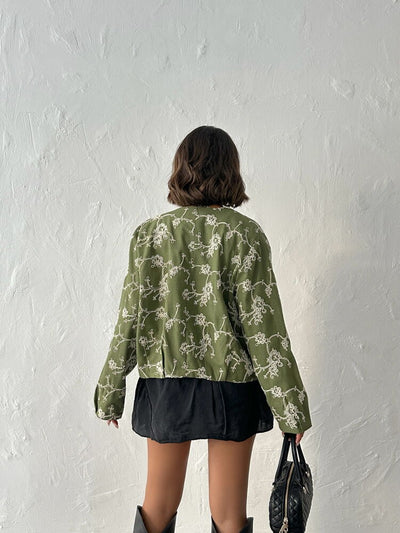 Jachetă cu fermoar și broderie florală - Kaki