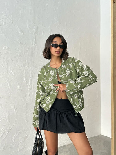 Jachetă cu fermoar și broderie florală - Kaki