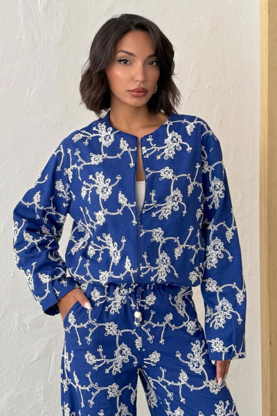 Jachetă cu fermoar și broderie florală - Saks