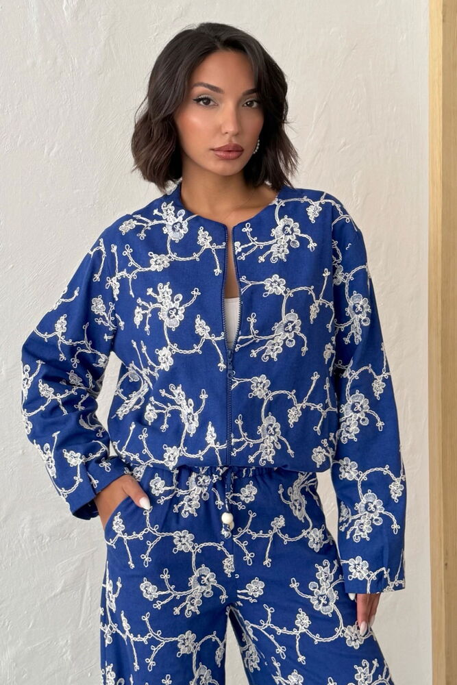 Jachetă cu fermoar și broderie florală - Saks