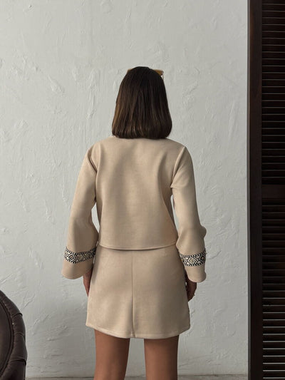 Topshow Striped Scuba Suede Zippered Jacket - Stone | F1971