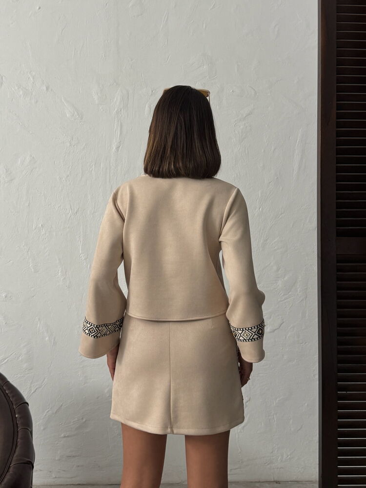 Topshow Striped Scuba Suede Zippered Jacket - Stone | F1971