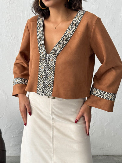 Topshow Striped Scuba Suede Zippered Jacket - TAN | F1971