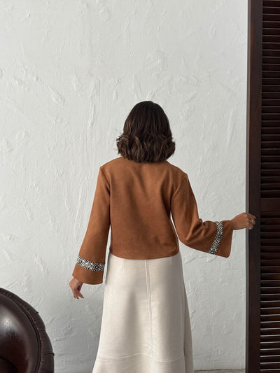 Topshow Striped Scuba Suede Zippered Jacket - TAN | F1971