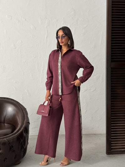 Pantaloni Topshow din piele întoarsă Scuba Suede cu detalii dungate -| F1972