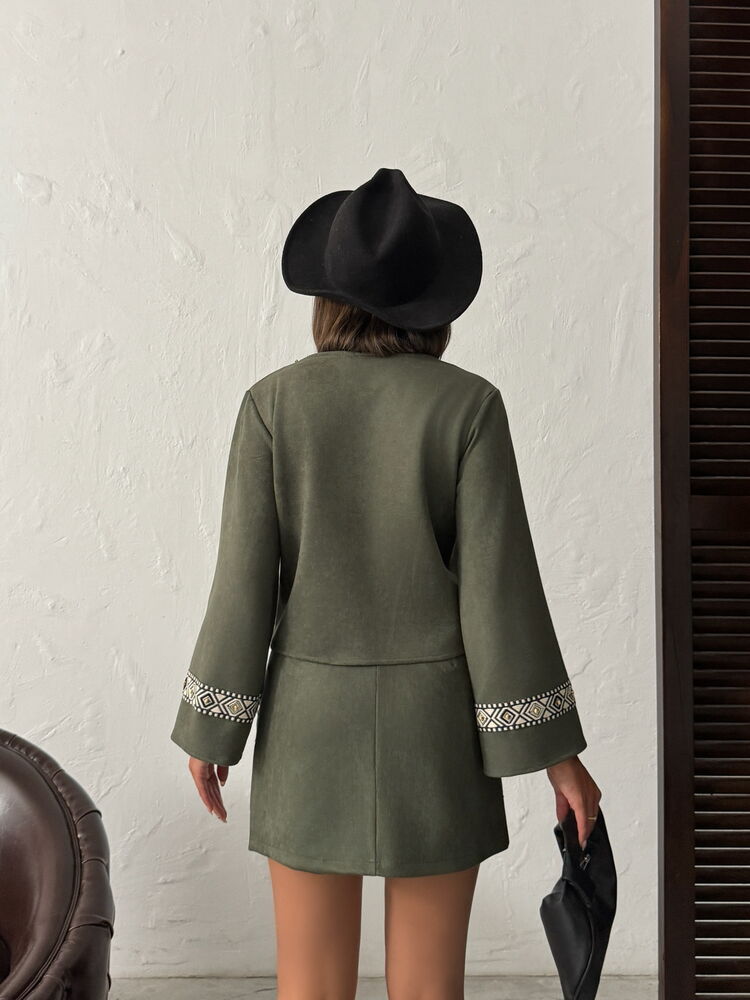 Topshow Scuba Suede Skirt with Stripe Detail - Khaki | F1974