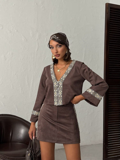 Topshow Strip-Detailed Scuba Suede Skirt - Coffee | F1974