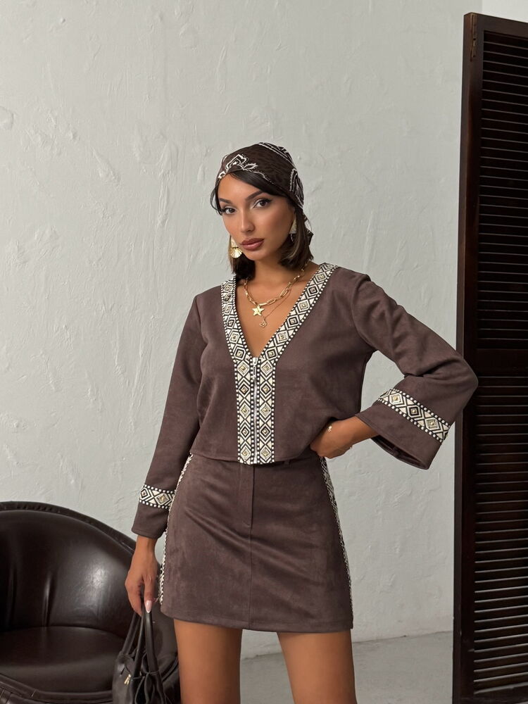 Topshow Strip-Detailed Scuba Suede Skirt - Coffee | F1974