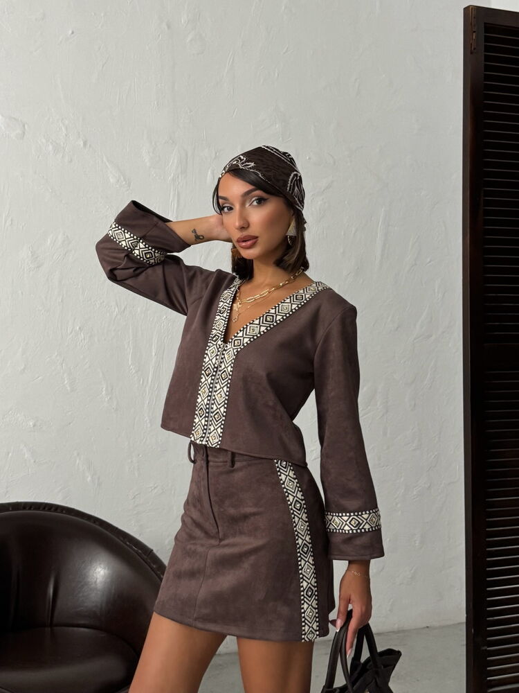 Topshow Strip-Detailed Scuba Suede Skirt - Coffee | F1974