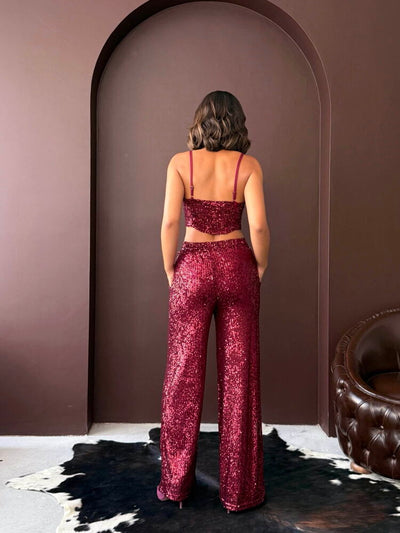 Topshow - Pantaloni largi cu paiete, en-gros, pentru femei - Ținută elegantă de seară - Vișiniu
