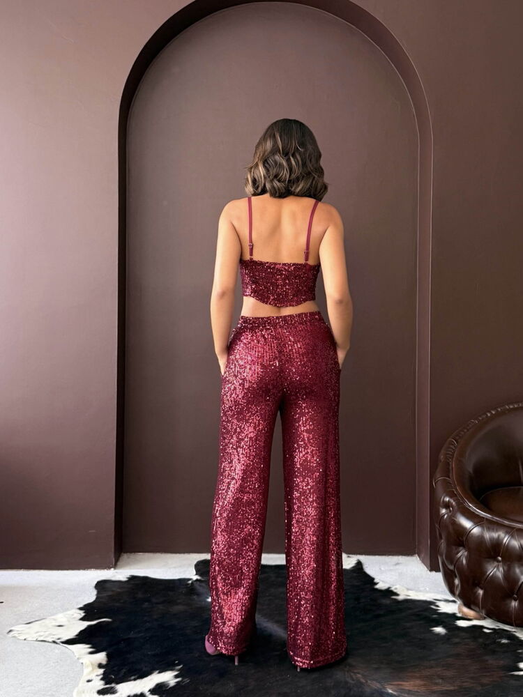 Topshow - Pantaloni largi cu paiete, en-gros, pentru femei - Ținută elegantă de seară - Vișiniu