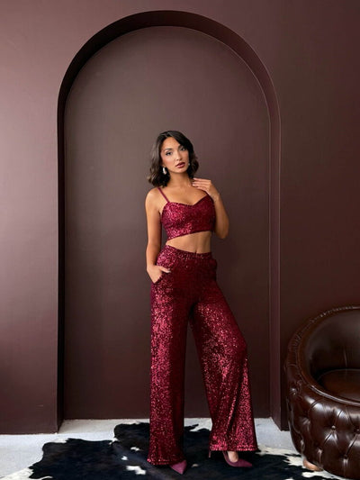 Topshow - Pantaloni largi cu paiete, en-gros, pentru femei - Ținută elegantă de seară - Vișiniu