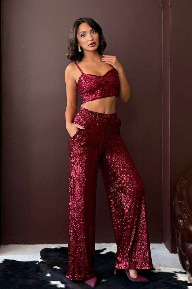 Topshow - Pantaloni largi cu paiete, en-gros, pentru femei - Ținută elegantă de seară - Vișiniu