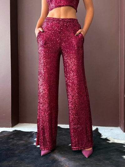 Topshow - Pantaloni largi cu paiete, en-gros, pentru femei - Ținută elegantă de seară - Vișiniu