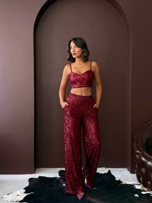 Topshow - Pantaloni largi cu paiete, en-gros, pentru femei - Ținută elegantă de seară - Vișiniu