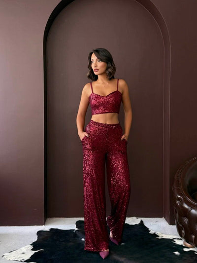 Topshow - Pantaloni largi cu paiete, en-gros, pentru femei - Ținută elegantă de seară - Vișiniu