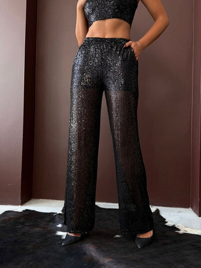Topshow - Wholesale Sequin Wide-Leg Women's Pants - Chic Evening Outfit - Black