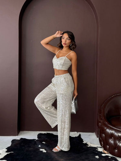 Topshow - Wholesale Sequin Wide-Leg Women's Pants - Chic Evening Outfit - Stone