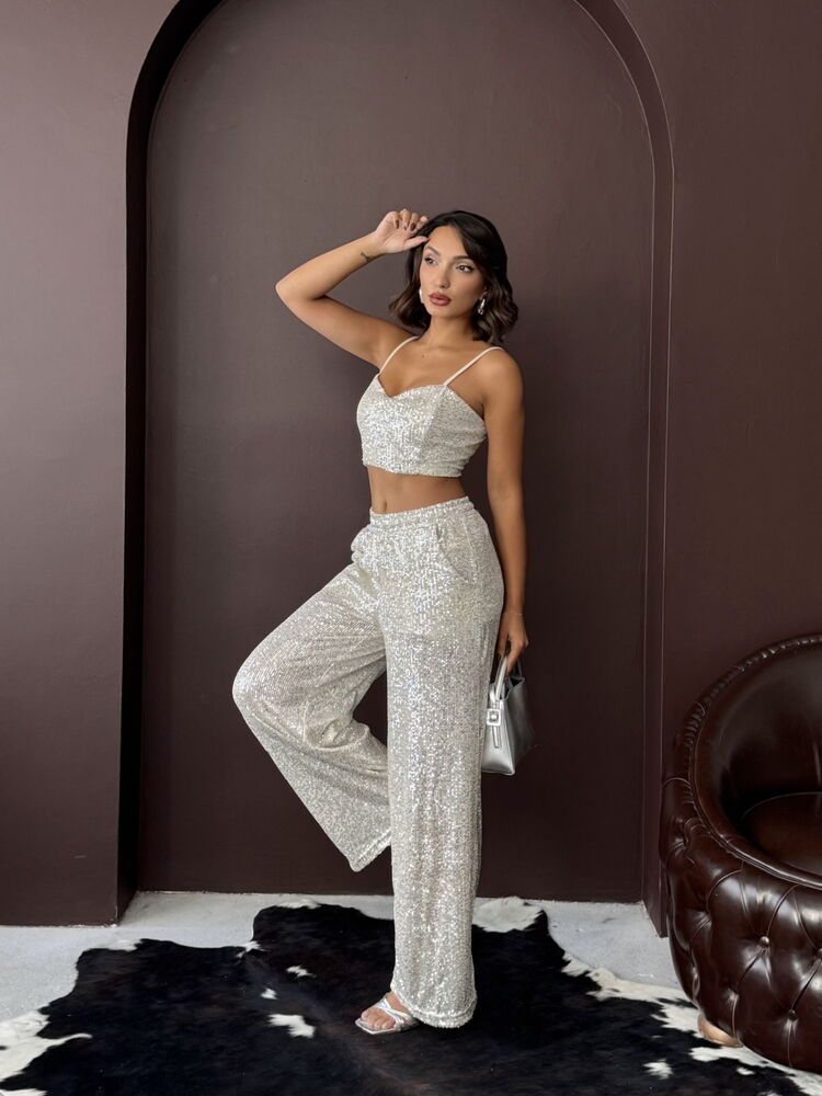 Topshow - Wholesale Sequin Wide-Leg Women's Pants - Chic Evening Outfit - Stone