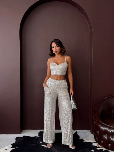 Topshow - Wholesale Sequin Wide-Leg Women's Pants - Chic Evening Outfit - Stone