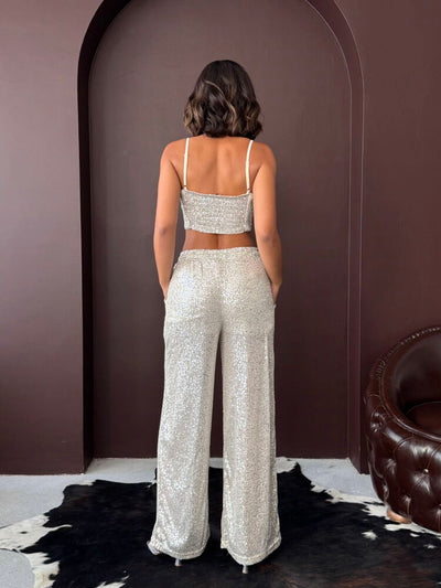 Topshow - Wholesale Sequin Wide-Leg Women's Pants - Chic Evening Outfit - Stone