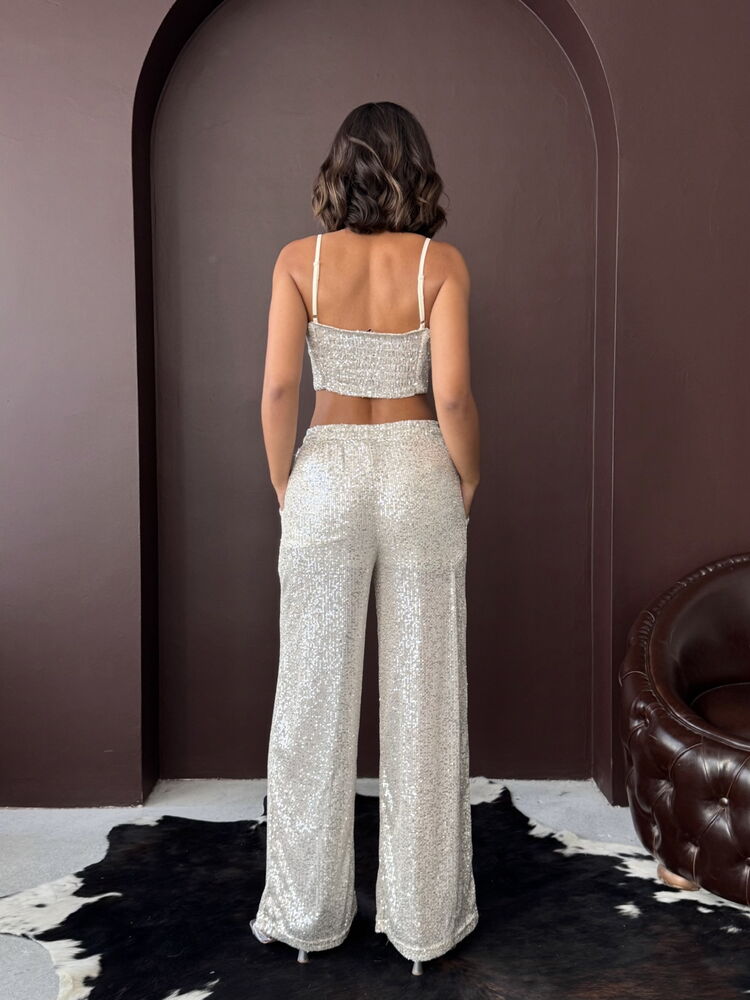 Topshow - Wholesale Sequin Wide-Leg Women's Pants - Chic Evening Outfit - Stone