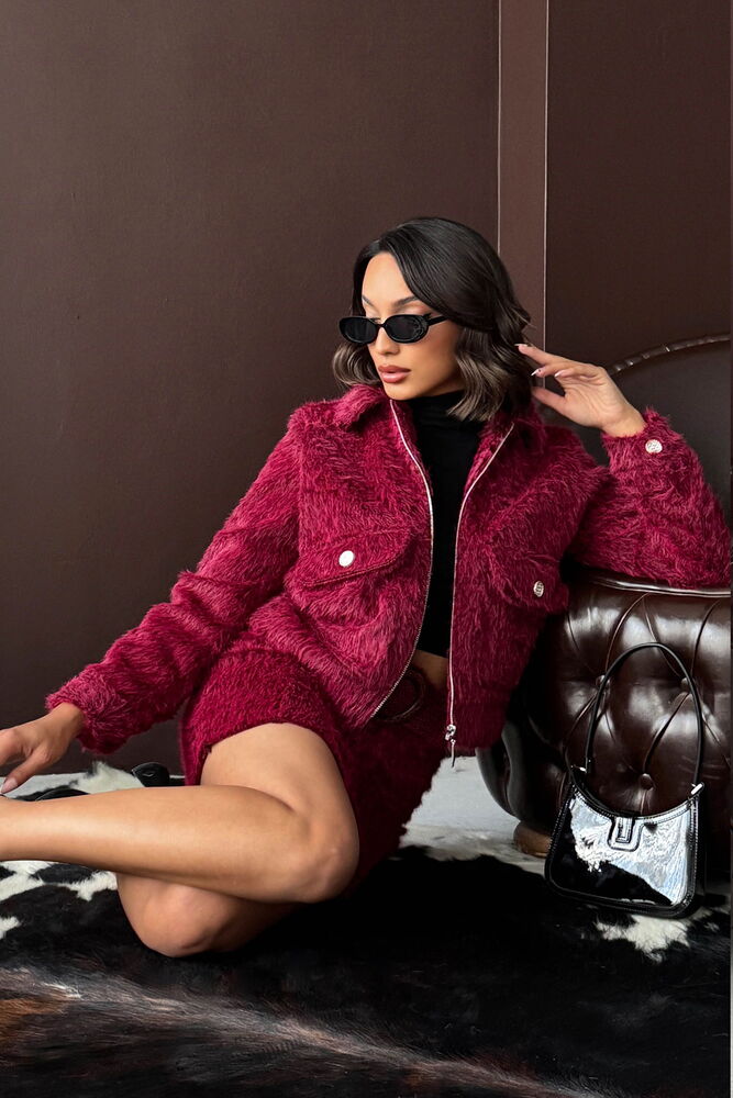 Topshow - Wholesale Faux Fur Look Women's Jacket - Burgundy