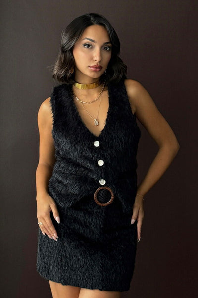 Topshow - Vestă de damă cu blană neagră, stil vintage, en-gros